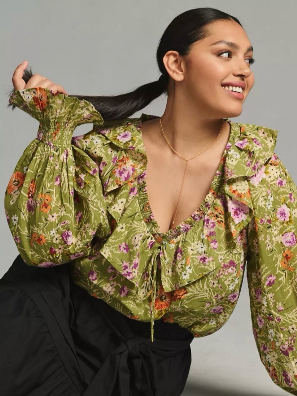 Anthropologie Ruffled V-Neck Peasant Green Floral Print Long Sleeve Blouse, Sz M